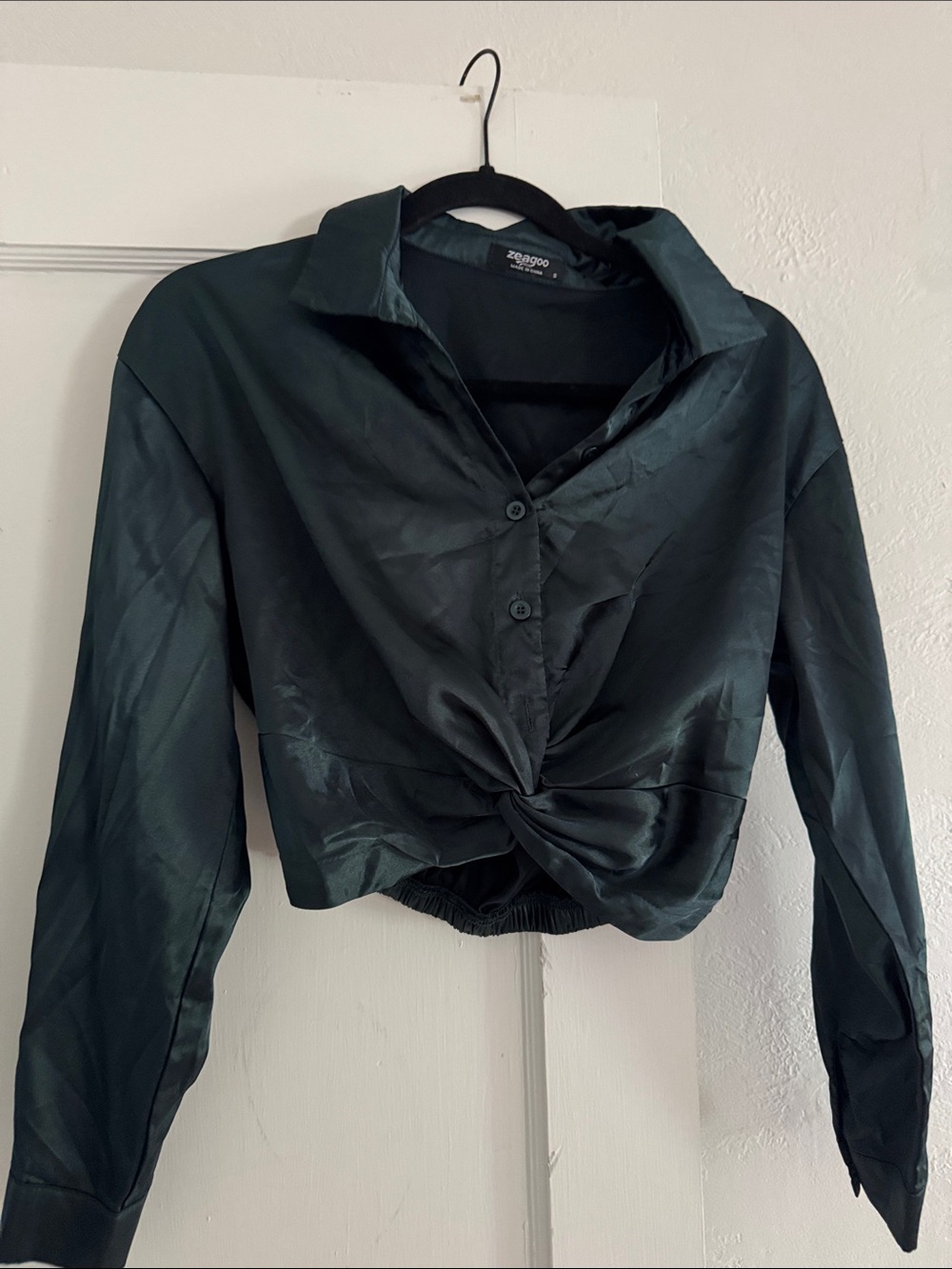 Emerald green Satin Twist-Front Crop Shirt